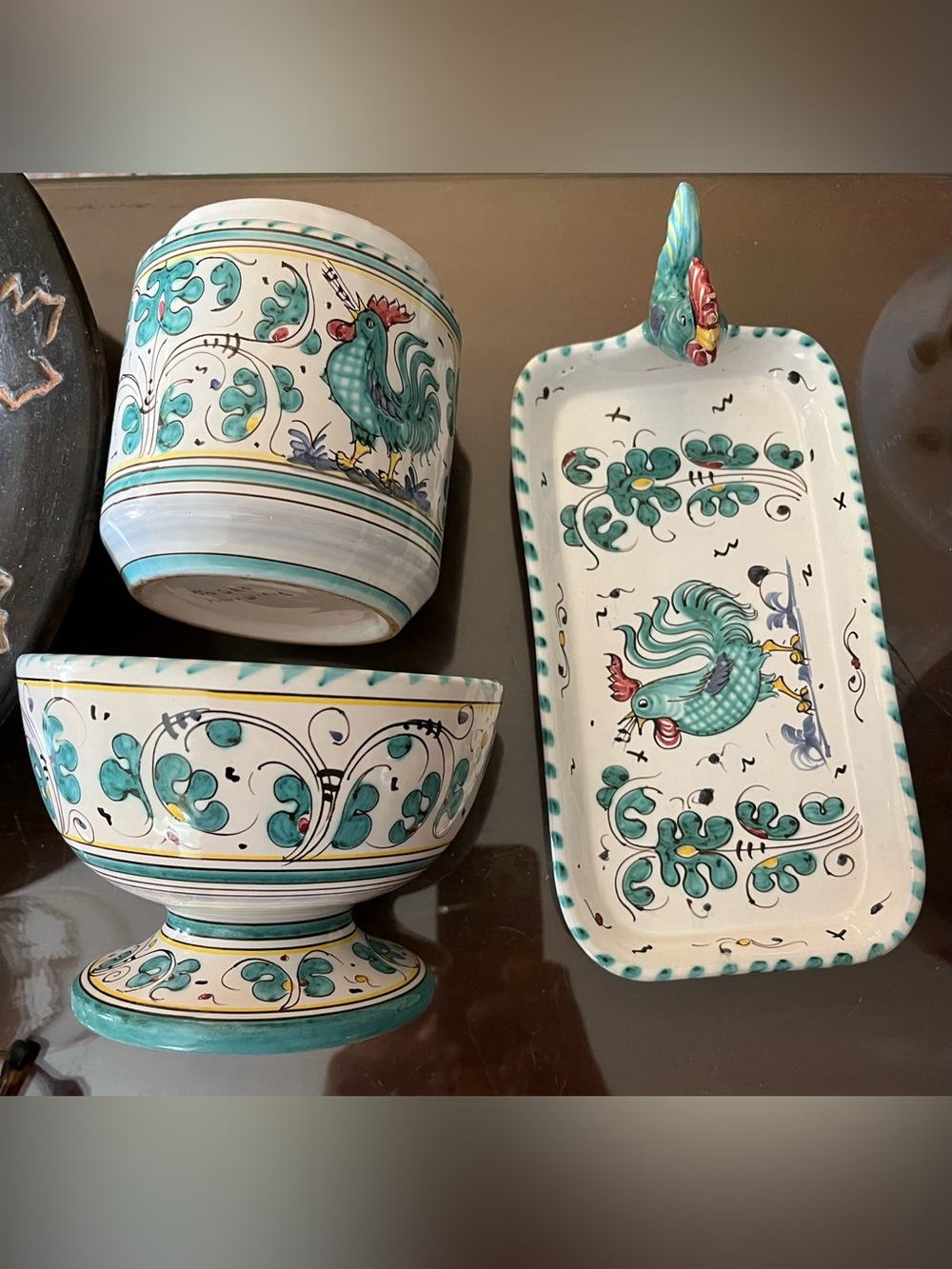 VTG PV Italy Orvieto Peasant Village Green Rooster Complimentary Serving Pieces